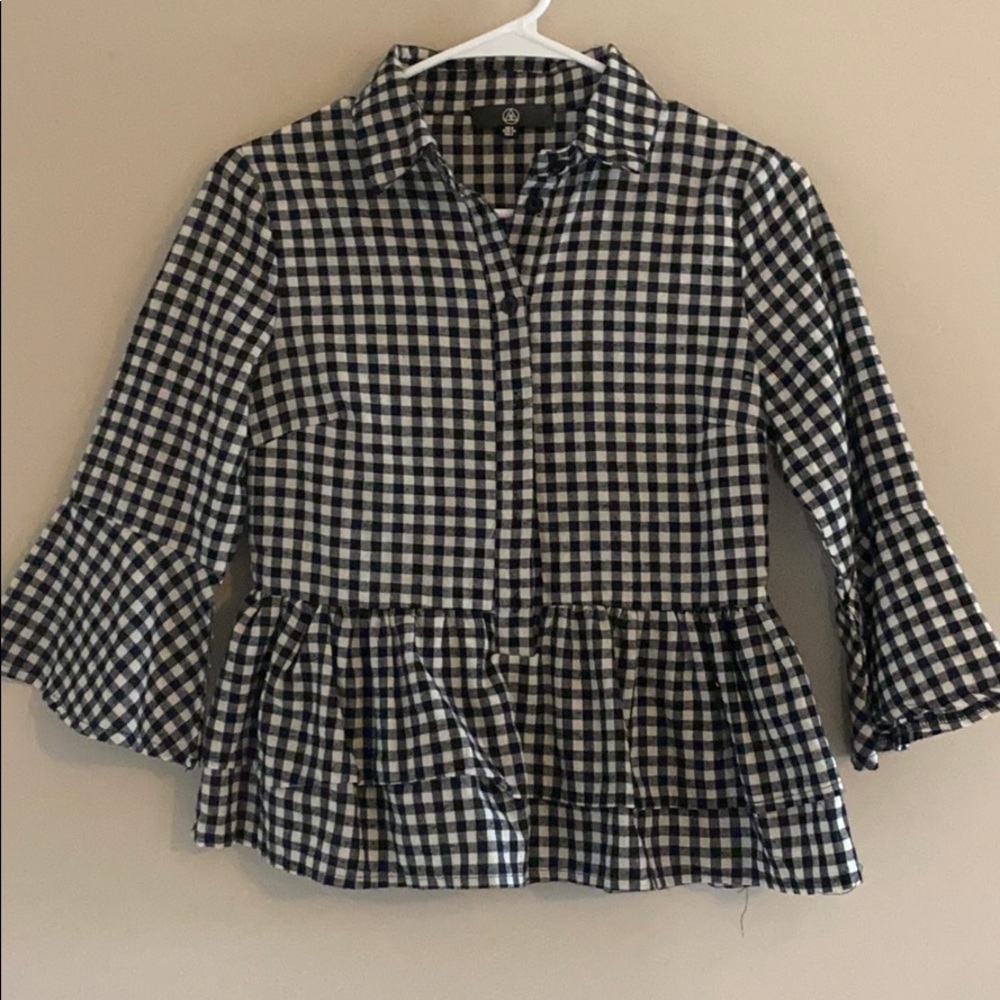 plaid black and white blouse